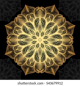 Mandala. Gold round ornament pattern on black background. Vector illustration.