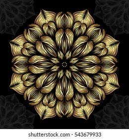 Mandala. Gold round ornament pattern on black background. Vector illustration.