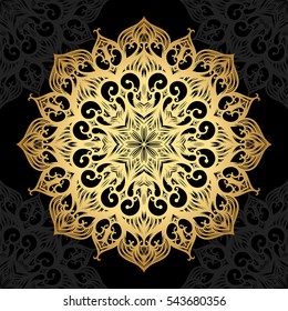 Mandala. Gold round ornament pattern on black background. Vector illustration.