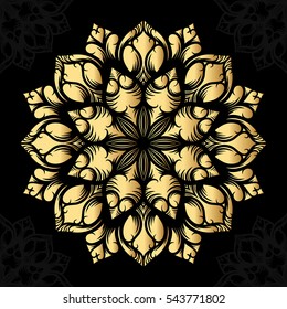 Mandala. Gold round ornament pattern on black background. Vector illustration.