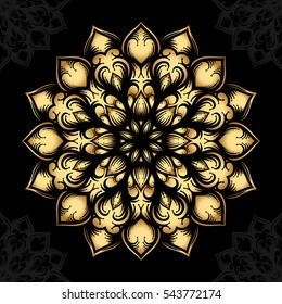 Mandala. Gold round ornament pattern on black background. Vector illustration.