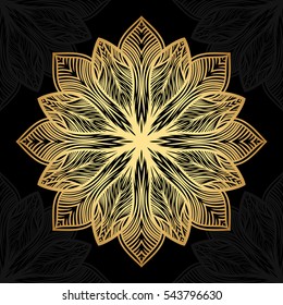 Mandala. Gold round ornament pattern on black background. Vector illustration.