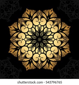 Mandala. Gold round ornament pattern on black background. Vector illustration.