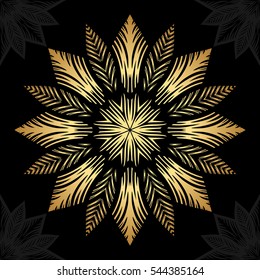 Mandala. Gold round ornament pattern on black background. Vector illustration.