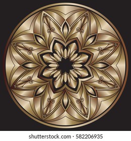 Mandala. Gold round ornament pattern on a black background.