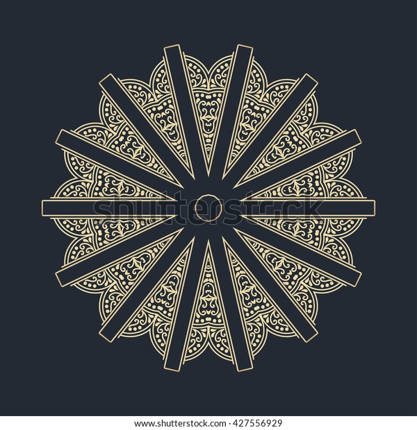 Mandala.\
Gold round ornament pattern on black\
background.