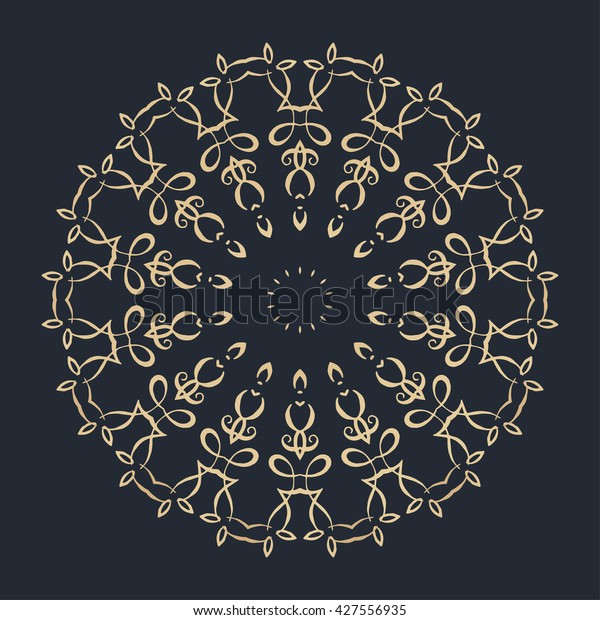 Mandala.\
Gold round ornament pattern on black\
background.
