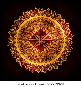 Mandala gold, tribal vintage background with a medallion. Pattern with abstract art flower for Tibetan yoga. Bohemian decorative element, indian henna design, vector retro circle ornament