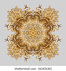 Mandala gold, tribal vintage background with a medallion. Pattern with abstract art flower for Tibetan yoga. Bohemian decorative element, indian henna design, retro circle ornament on gray.