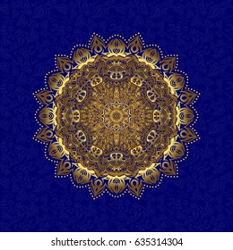 Mandala gold, tribal vintage sketch with a medallion on blue background. Pattern with abstract art for Tibetan yoga. Bohemian decorative element, indian henna design, vector retro circle ornament.