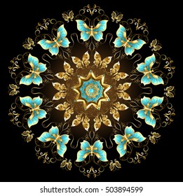 Mandala of gold and turquoise butterflies on black background.