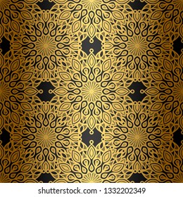 Mandala gold vase ceramic ornamental pattern. Asian/ Islam/ Muslim/ Arabic/ Indian seamless vector oriental background. Golden decorative carpet elements wallpaper. Stylish trendy mandala pattern
