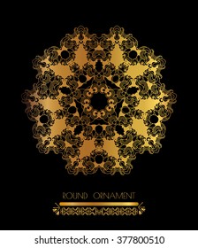 Mandala golden art. Gold circular ornament on black background. Golden pattern