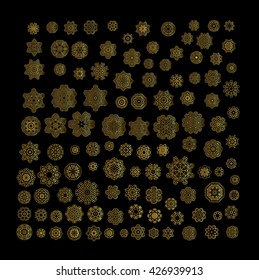 Mandala golden art. Gold circular ornament on black background. Golden pattern