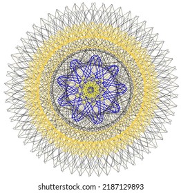 Mandala with a golden and bluish center.
