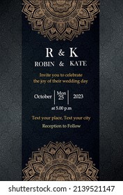 Mandala golden luxury wedding invitation Free Vector with dark background 