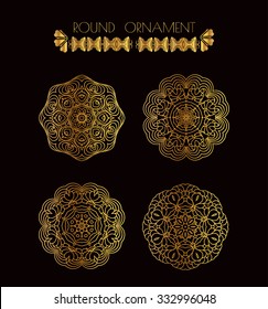 Mandala golden set. Gold Circular ornament on black background. Set of the golden patterns