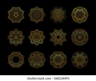 Mandala golden set. Gold circular ornament on black background. Gold mandala on black background. Ethnic vintage pattern Islamic design 