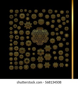 Mandala golden set. Gold circular ornament on black background. Gold mandala on black background. Ethnic vintage pattern Islamic design 