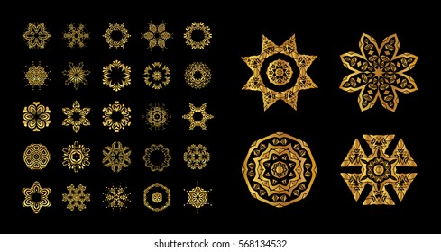 Mandala golden set. Gold circular ornament on black background. Gold mandala on black background. Ethnic vintage pattern Islamic design 