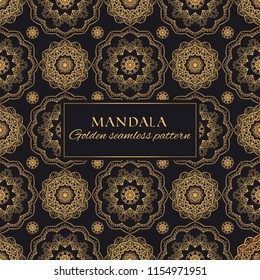 Mandala golden vector seamless pattern. Luxury abstract geometric texture. Black and gold ornate elegant background for prints and decor