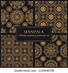 Mandala golden vector seamless patterns set. Collection of premium geometric textures. Black and gold ornate background with round decorative elements 