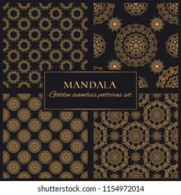 Mandala golden vector seamless patterns set. Collection of luxury vintage textures. Black and gold ornate backgrounds with round decorative elements 