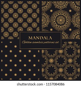 Mandala golden vector seamless patterns set. Collection of premium geometric textures. Black and gold ornate background with round decorative elements 