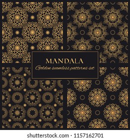 Mandala golden vector seamless patterns set. Collection of premium geometric textures. Black and gold ornate background with round decorative elements 