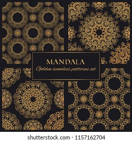 Mandala golden vector seamless patterns set. Collection of premium geometric textures. Black and gold ornate background with round decorative elements 