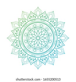 Mandala gradation in green and blue against a white background. Geometric pattern of round mandala flowers. Yoga template. Illustration vector