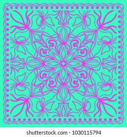 Mandala graphic background, square pattern with floral geometric ornament. vector illustration. for Bandanna fabric print, neck scarf or rug.