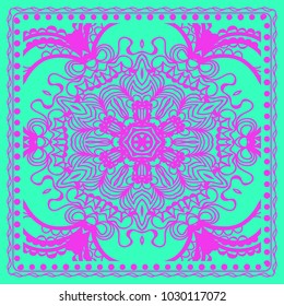 Mandala graphic background, square pattern with floral geometric ornament. vector illustration. for Bandanna fabric print, neck scarf or rug.