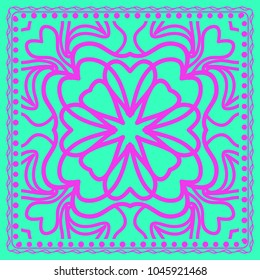 Mandala graphic background, square pattern with floral geometric ornament. vector illustration. for Bandanna fabric print, neck scarf or rug.