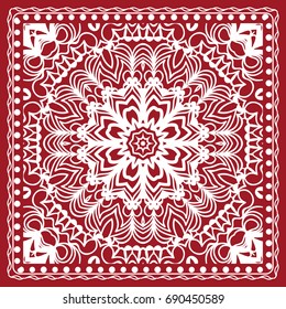 Mandala graphic background, square pattern with floral geometric ornament. vector illustration. for Bandanna fabric print, neck scarf or rug. red color
