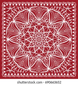 Mandala graphic background, square pattern with floral geometric ornament. vector illustration. for Bandanna fabric print, neck scarf or rug. red color