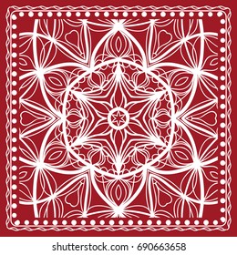 Mandala graphic background, square pattern with floral geometric ornament. vector illustration. for Bandanna fabric print, neck scarf or rug. red color