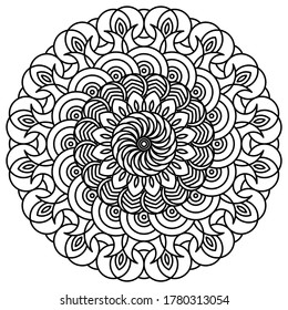 Mandala graphic with black line pattern on white background. Perfect for coloring book, wall art, wallpaper, background, etc..