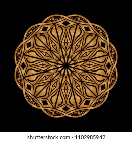 Mandala graphic vector. Design eyes round gradient radial gold on black background. Design print for symbol, pattern, icon, wallpaper, background.