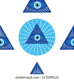Mandala greek evil eye doodle seamless pattern. Magic, witchcraft, occult symbol, clip art line art collection. Hamsa eye, magical eye, decor element.