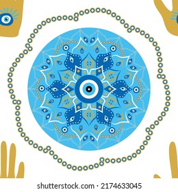 Mandala greek evil eye doodle seamless pattern. Magic, witchcraft, occult symbol, clip art line art collection. Hamsa eye, magical eye, decor element.