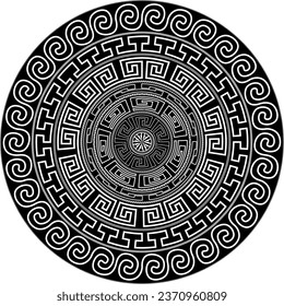 Mandala of Greek and Marajoara friezes in white lines and black background.