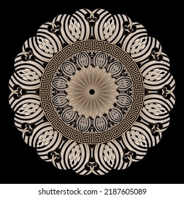 Mandala. Patrón griego de mandala floral. Antecedentes de vectores ornamentales de estilo étnico. Flor abstracta. Círculo decorativo hermoso adorno con llave griega, meandros, flores Paisley, rayas, marco.