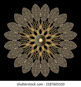 Mandala. Greek round floral mandala pattern. Ethnic style ornamental vector background. Abstract flower. Decorative circle beautiful ornaments with greek key, meanders, waves, swirls, gold 3d button.