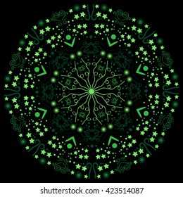 Mandala green. Black background. Mandala with different green colors.