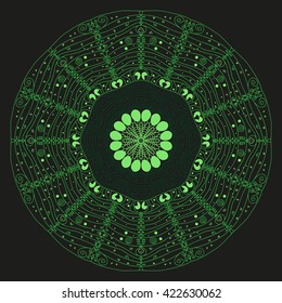 Mandala green. Black background. The eye of the earth and life.