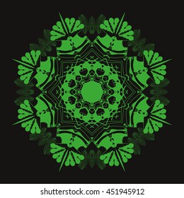 Mandala green. Black background. Flower illustration, symbol.