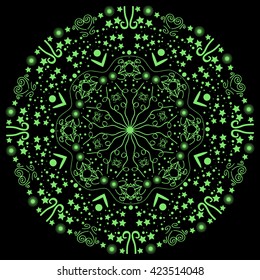 Mandala green. Black background. Simple green color mandala.