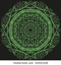 Mandala green. Black background. The wheel of the winter