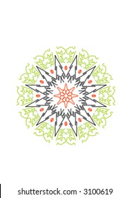 mandala in green, red and black